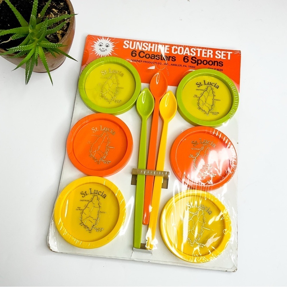 Vintage 60s Sunshine Coaster & Spoon Set — St. Lucia Travel Barware NOS
